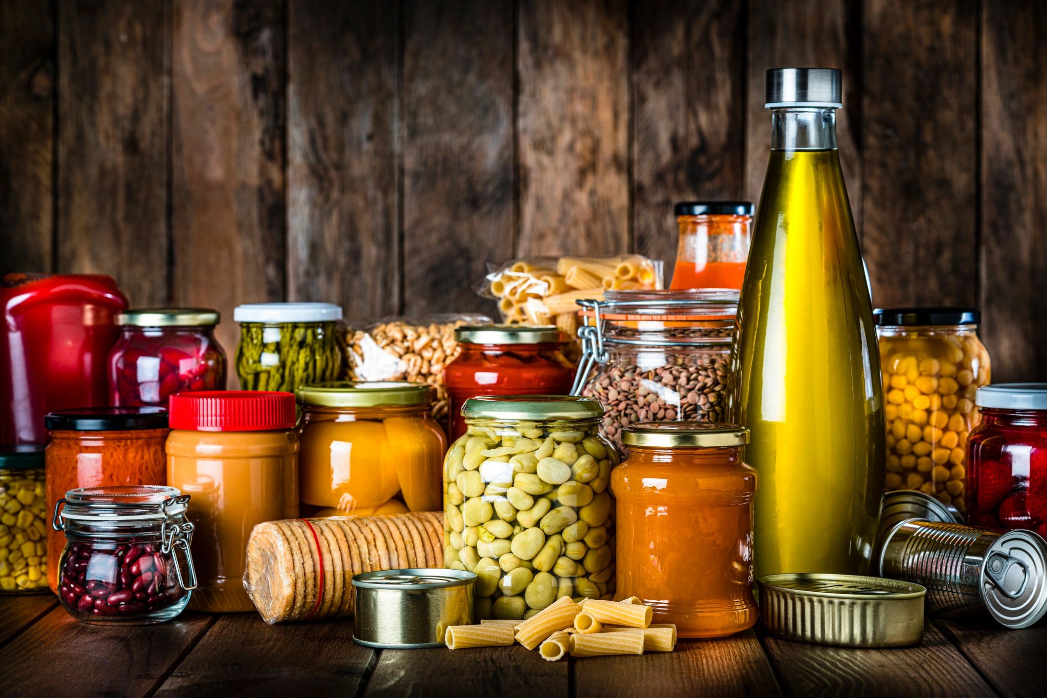 Shelf-stable pantry items arranged on a table